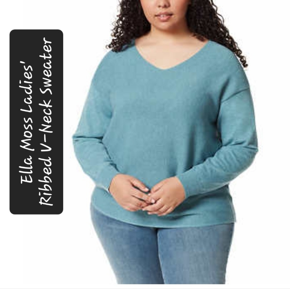 Ella Moss Ladies' Ribbed V-Neck Sweater, Blue